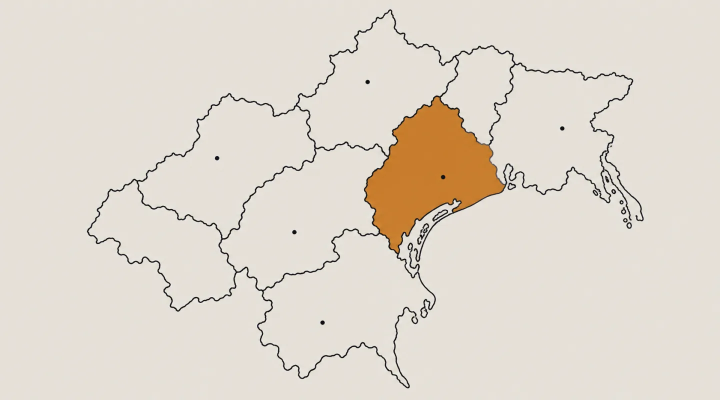 Mappa schematica di una regione divisa in province, disegnata al tratto, con una provincia campita in ambra e un punto su alcune delle altre