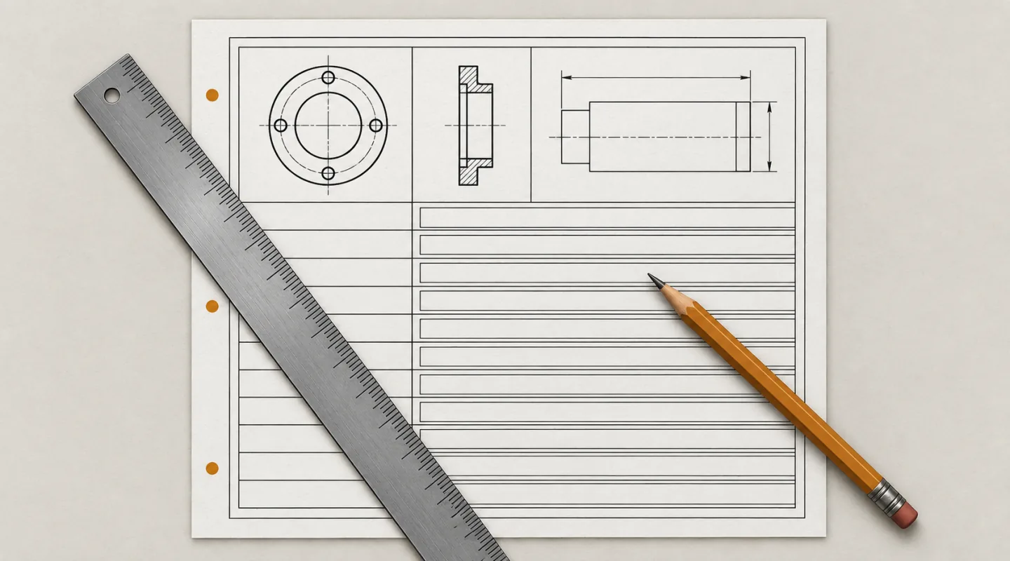 Foglio tecnico posato su un piano chiaro: disegni quotati in alto, righe di valori vuote sotto, una riga metallica e una matita di traverso, tre punti ambra nel margine