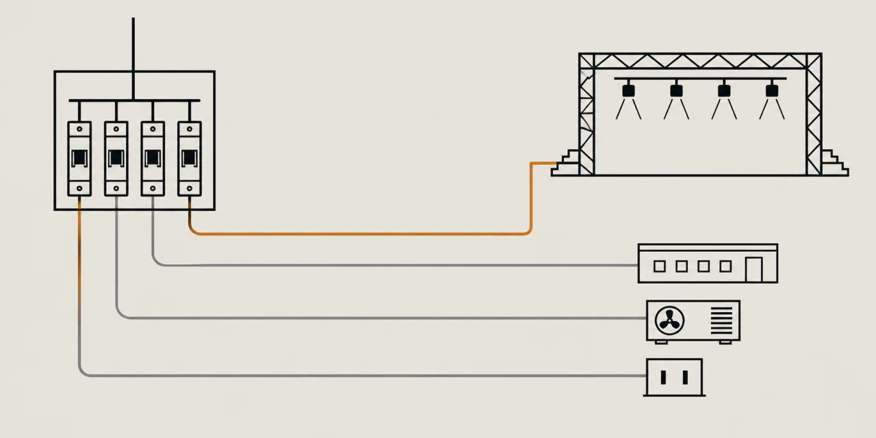 Schema elettrico: un quadro con quattro interruttori, una linea in ambra che arriva al palco e tre linee grigie che vanno ad altre utenze