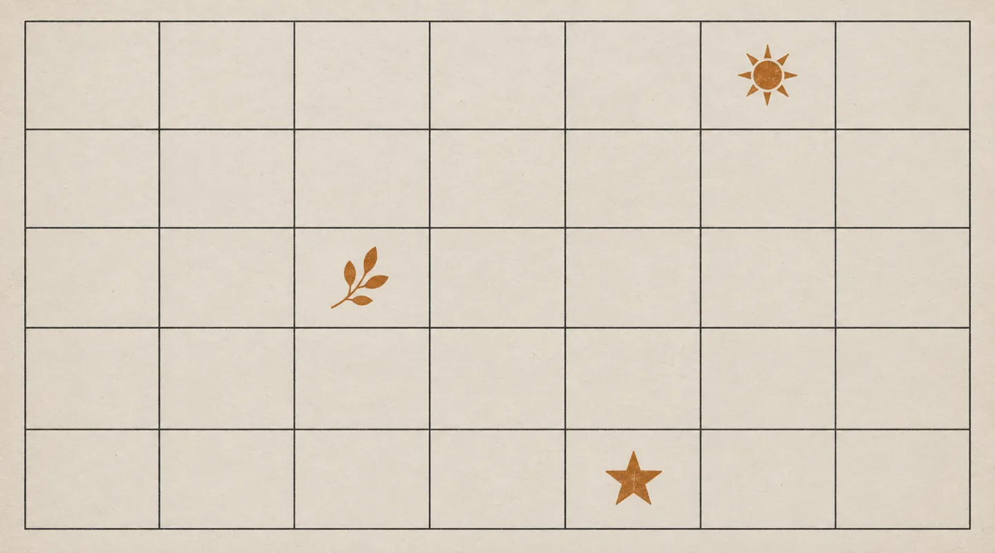 Griglia di calendario a righe nere su carta, con tre sole caselle segnate da un timbro ambra