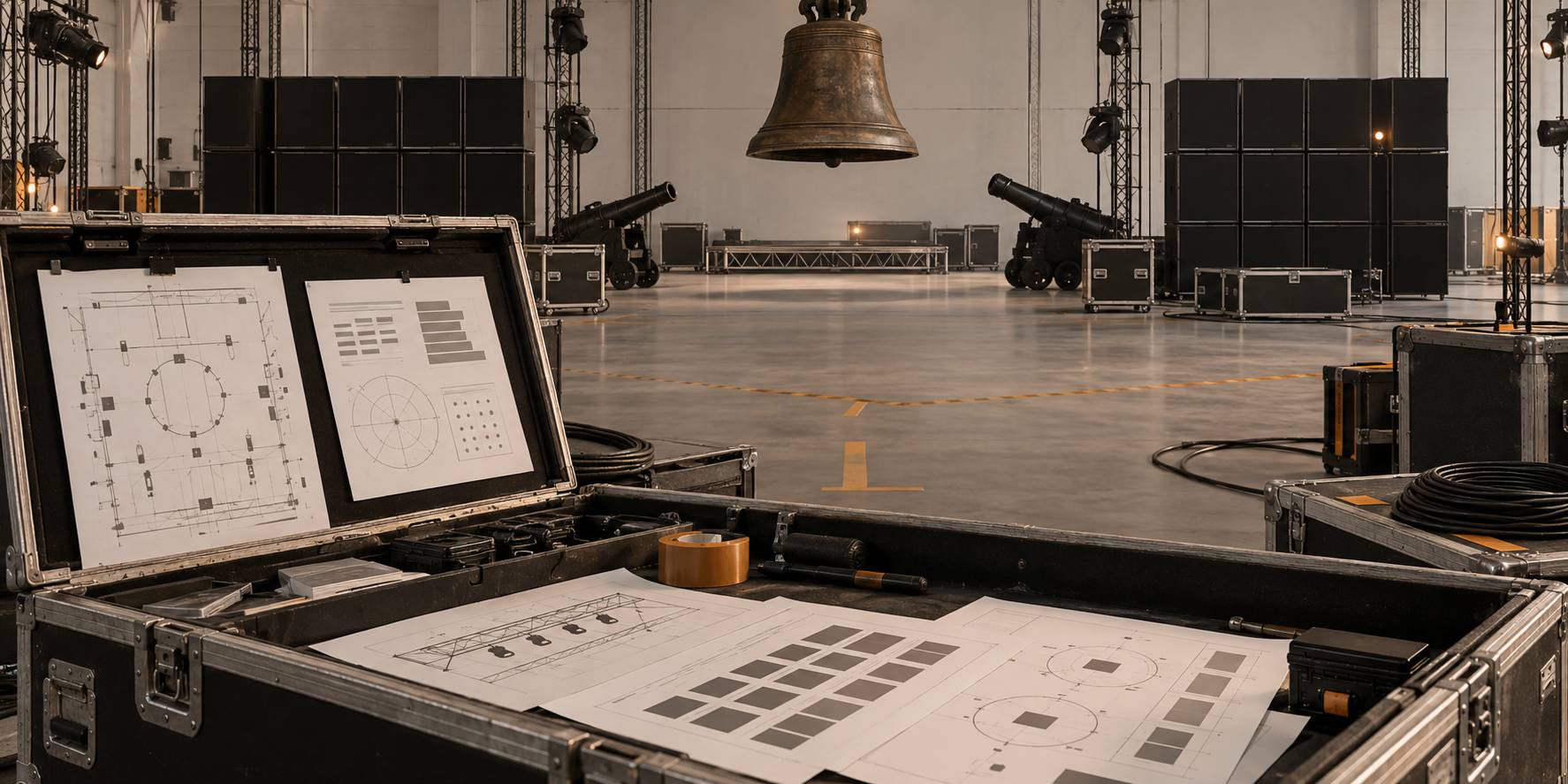 Illustration éditoriale du sujet : Allestimento AC/DC dal vivo: campana, cannoni, muri Marshall