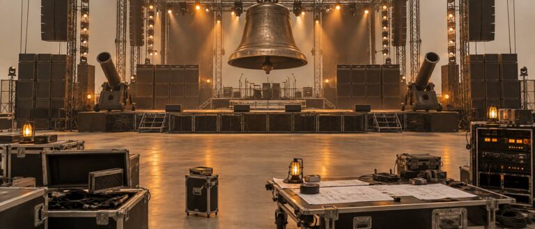 Allestimento AC/DC dal vivo: campana, cannoni, muri Marshall