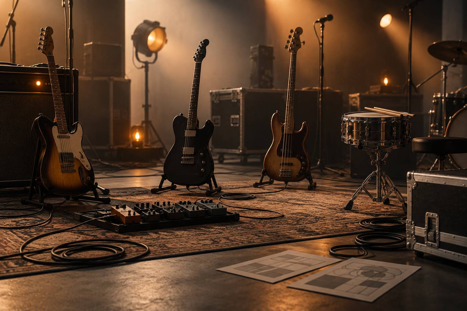 Guitares électriques et batterie installées sur une scène de concert avant le spectacle