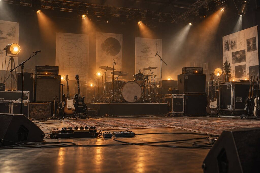 Guitares électriques et batterie installées sur une scène de concert avant le spectacle