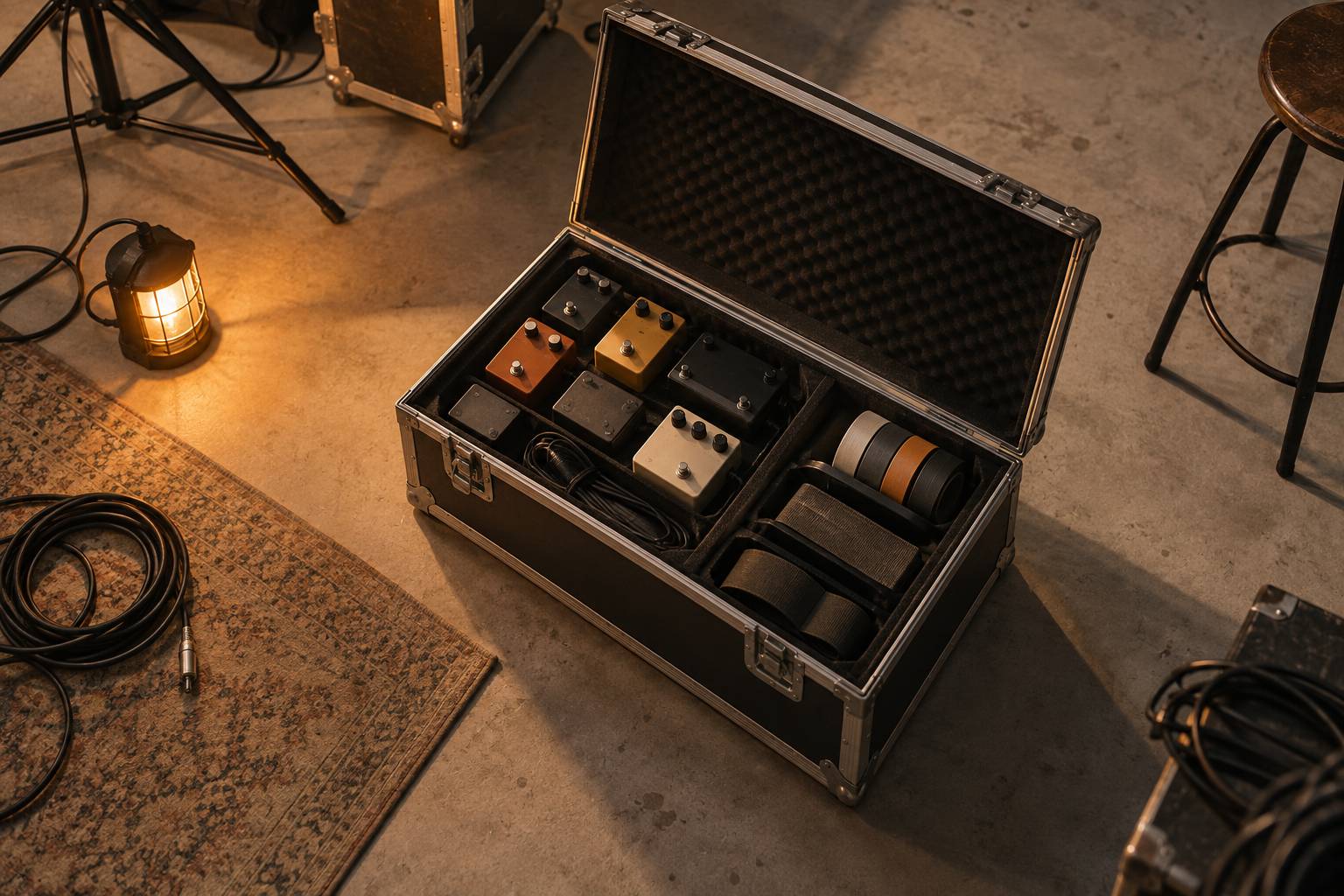 Valise de materiel de scene ouverte avec pedales et cables