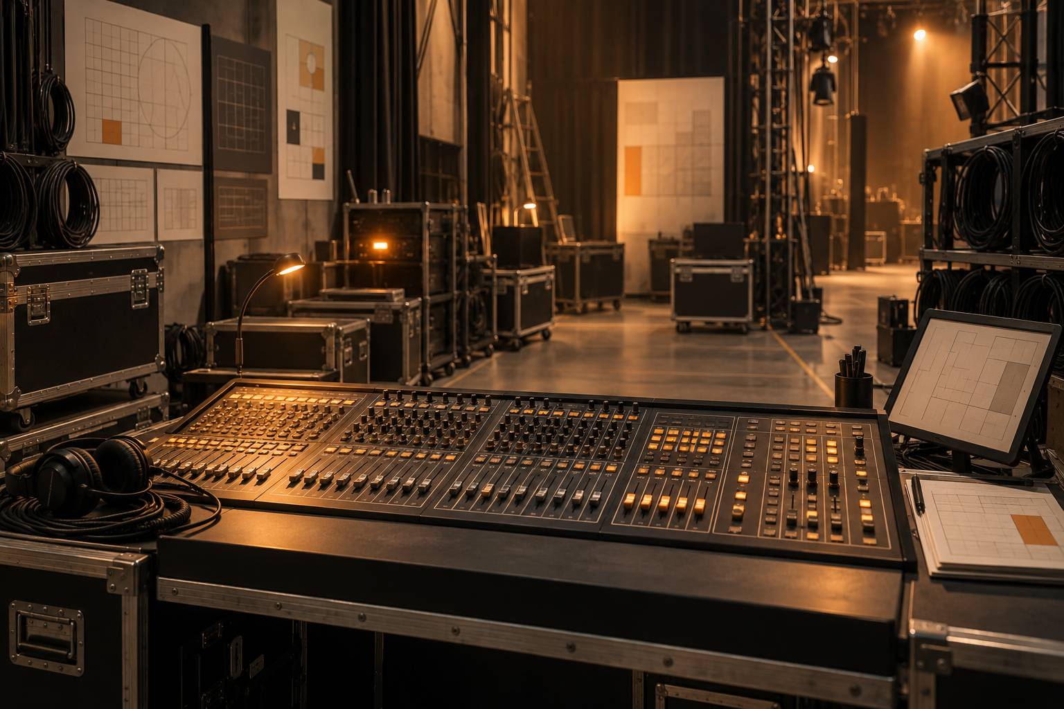 Régie son et lumière avec console de mixage et casques en coulisses