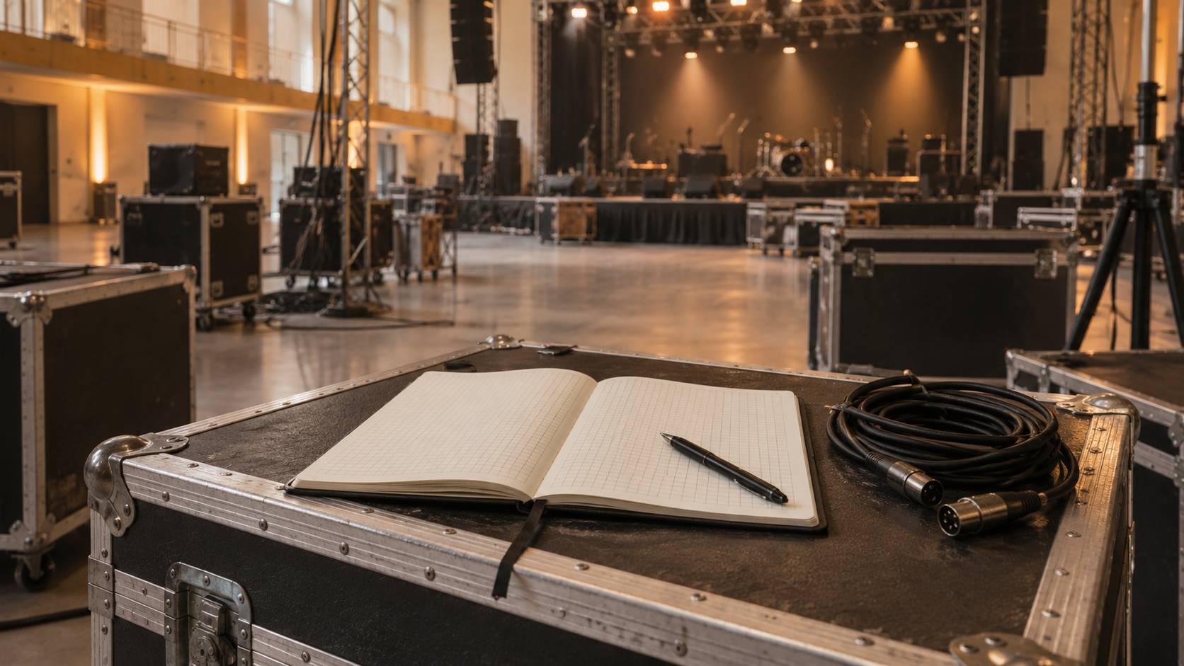 Carnet de travail vierge et stylo poses sur un flight-case de scene
