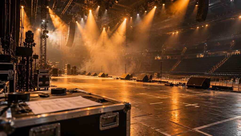 Scene de concert vide avec faisceaux de lumiere ambre dans la fumee et flight-cases