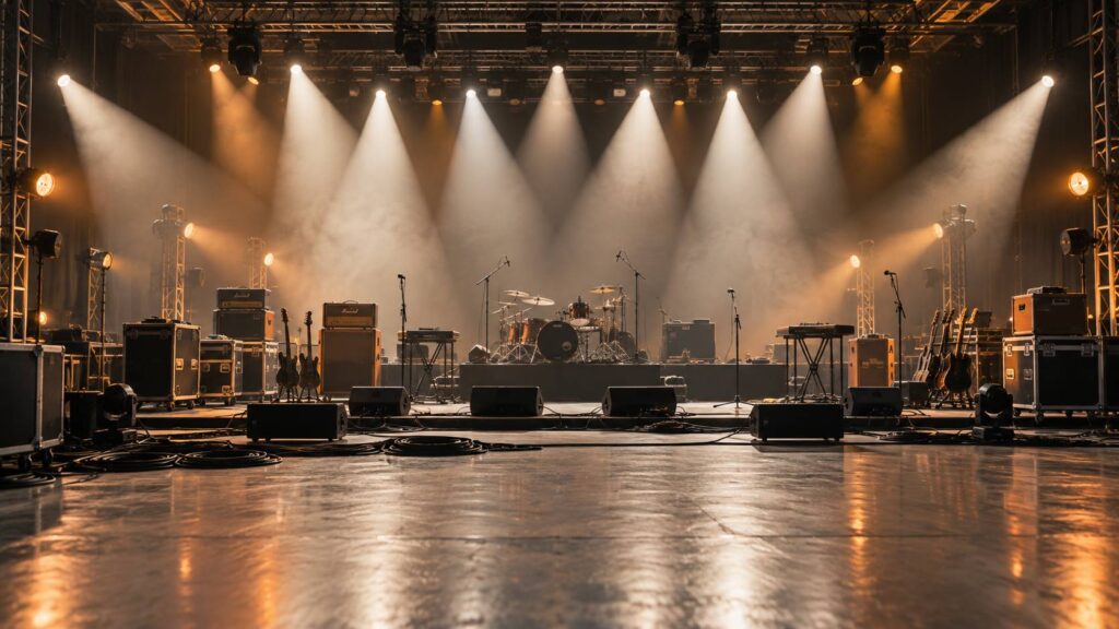 Scène vide avant montage avec flight cases empilés et têtes d'amplification posées dessus
